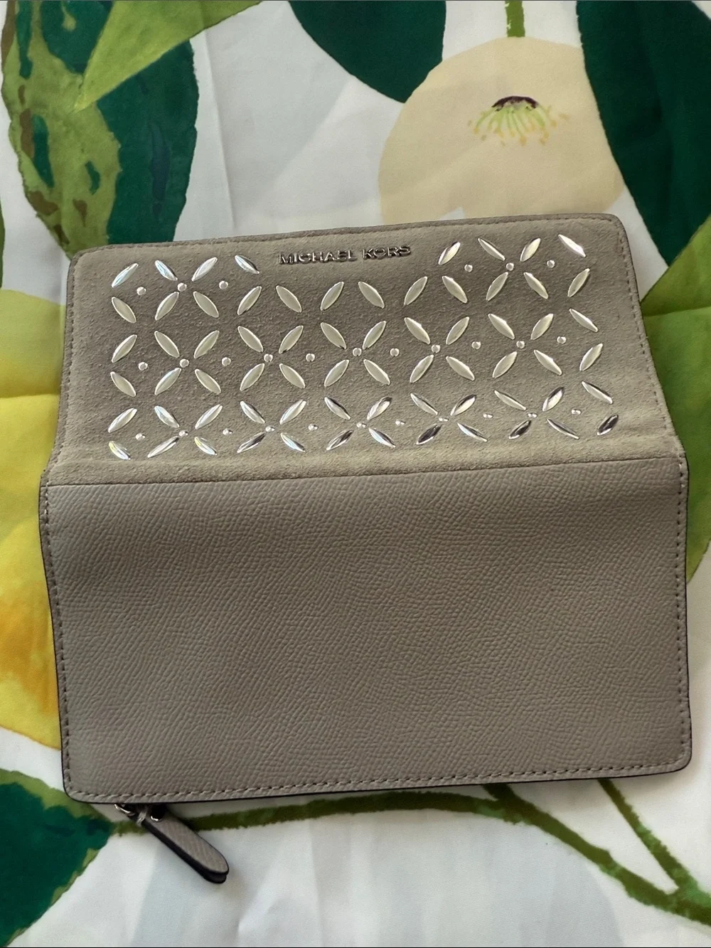 Michael Kors Taupe Suede Zip Wallet with Silver Stud Accents